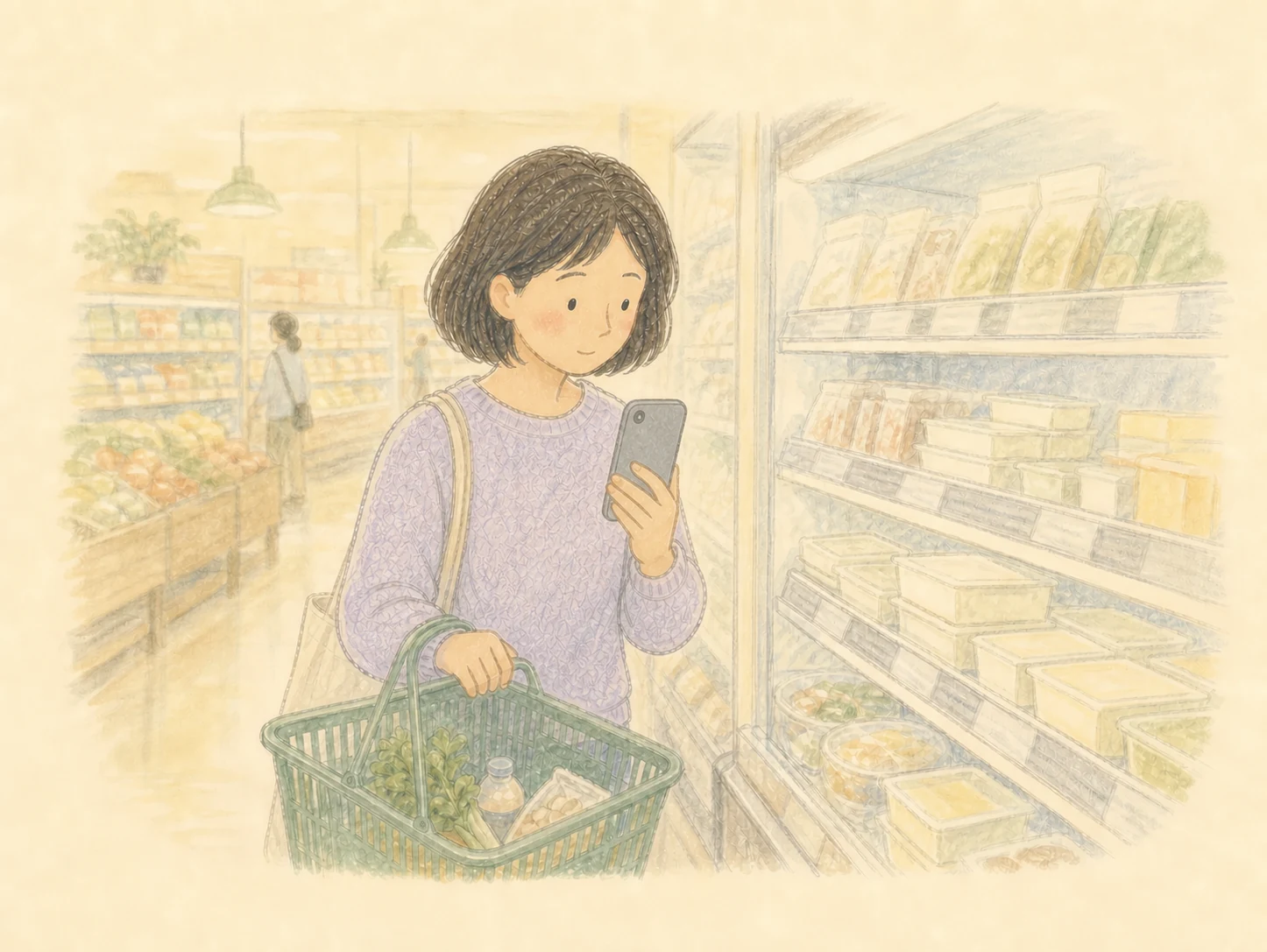 挿絵:スーパーの豆腐売り場で、冷蔵庫の写真を確認してから買うか考えるママ
