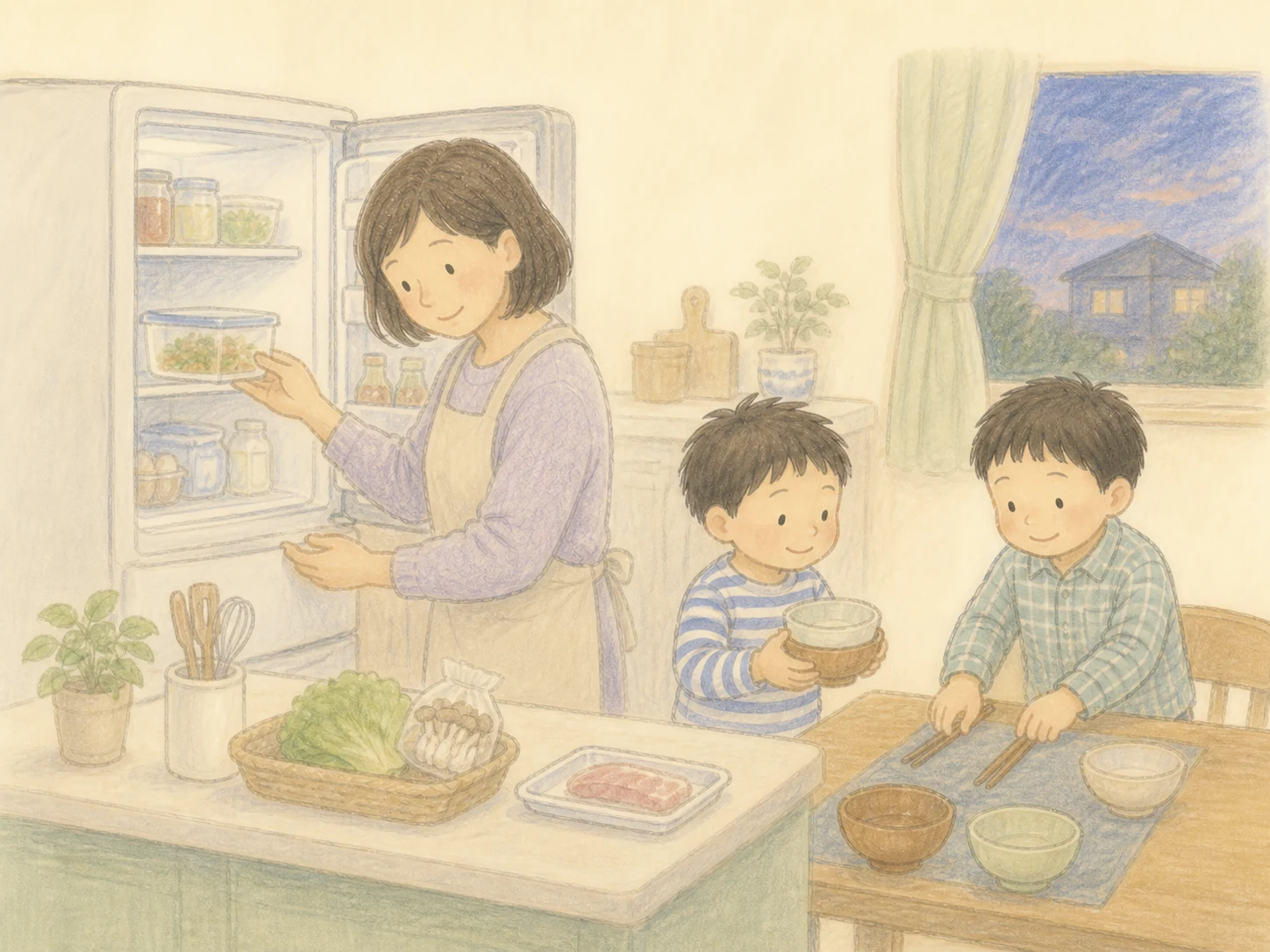 挿絵:前日の残り物を冷蔵庫から出すママと、夕食の器や箸を並べる男の子兄弟