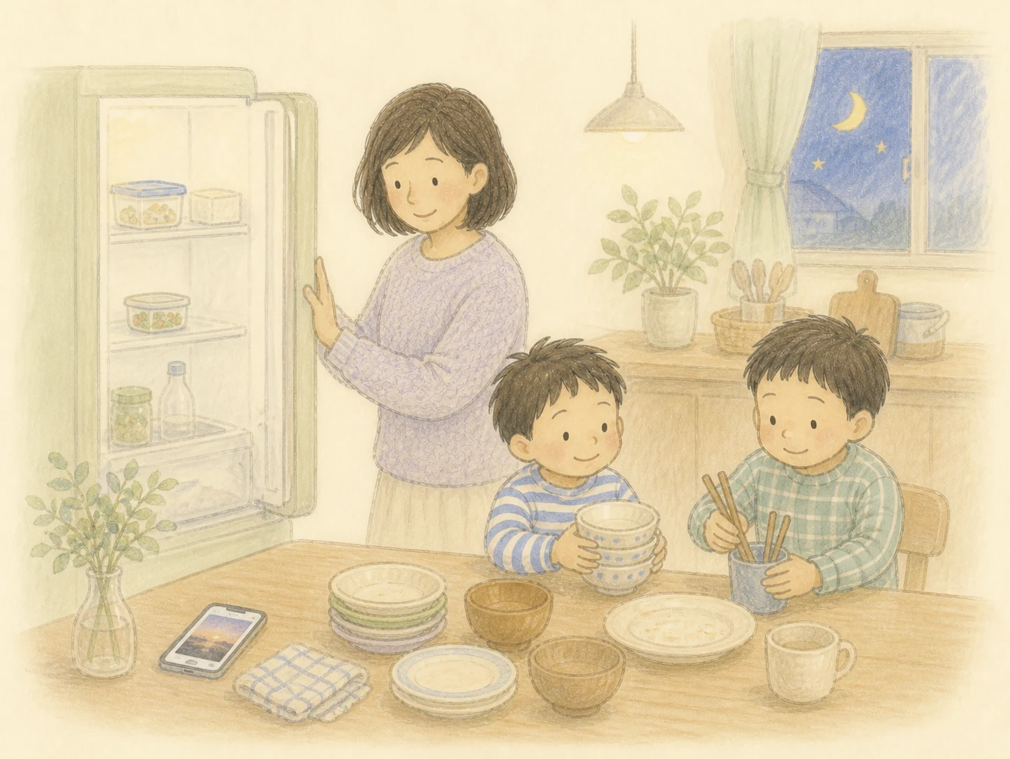 挿絵:一日の終わり、冷蔵庫を閉めるママと、食後の器や箸を片づける男の子兄弟