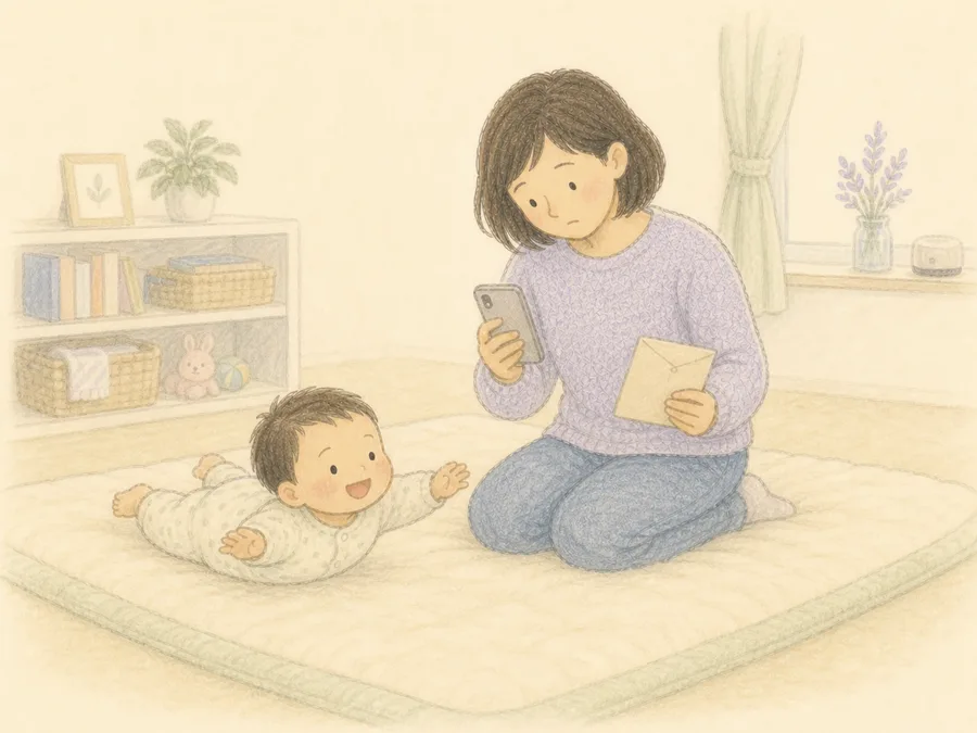 挿絵:生後半年ごろの赤ちゃんを見守りながら、育児休業給付金の申請状況を確認するママ