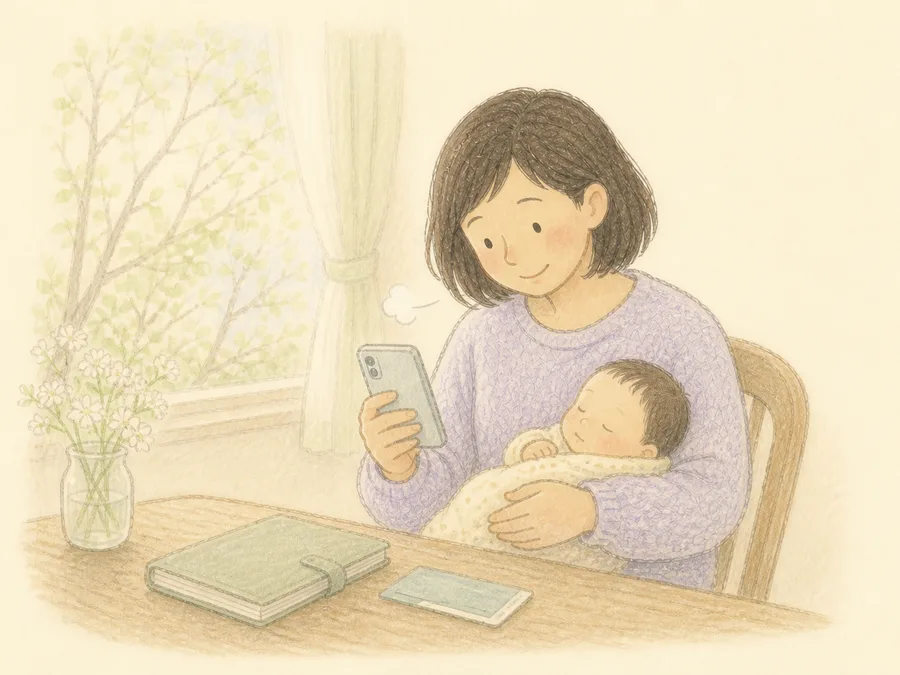 挿絵:春になり、育児休業給付金の初回入金を確認してほっとするママ