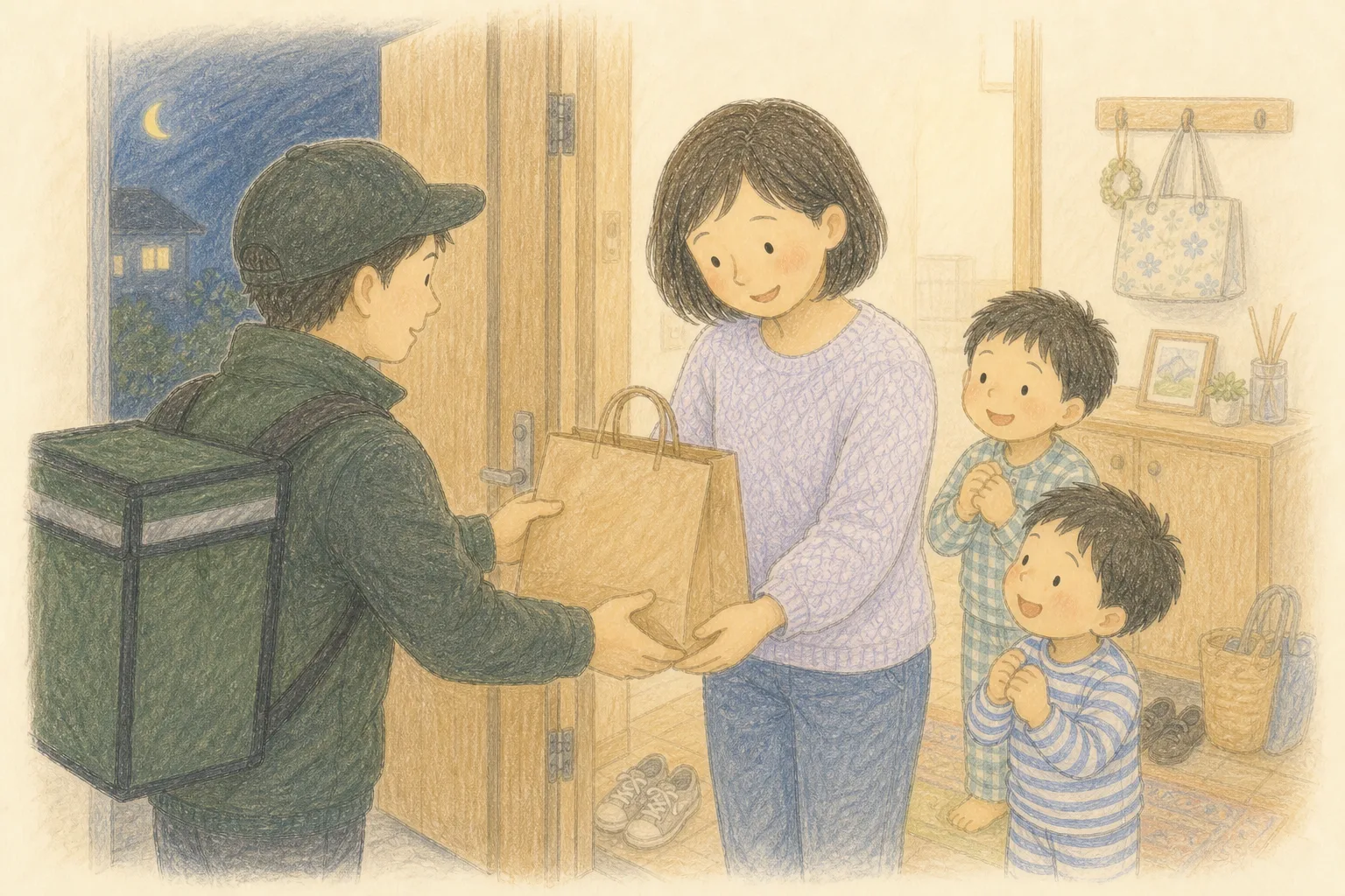玄関でUber Eatsの夕飯を受け取るママと、うれしそうに待つ男の子兄弟