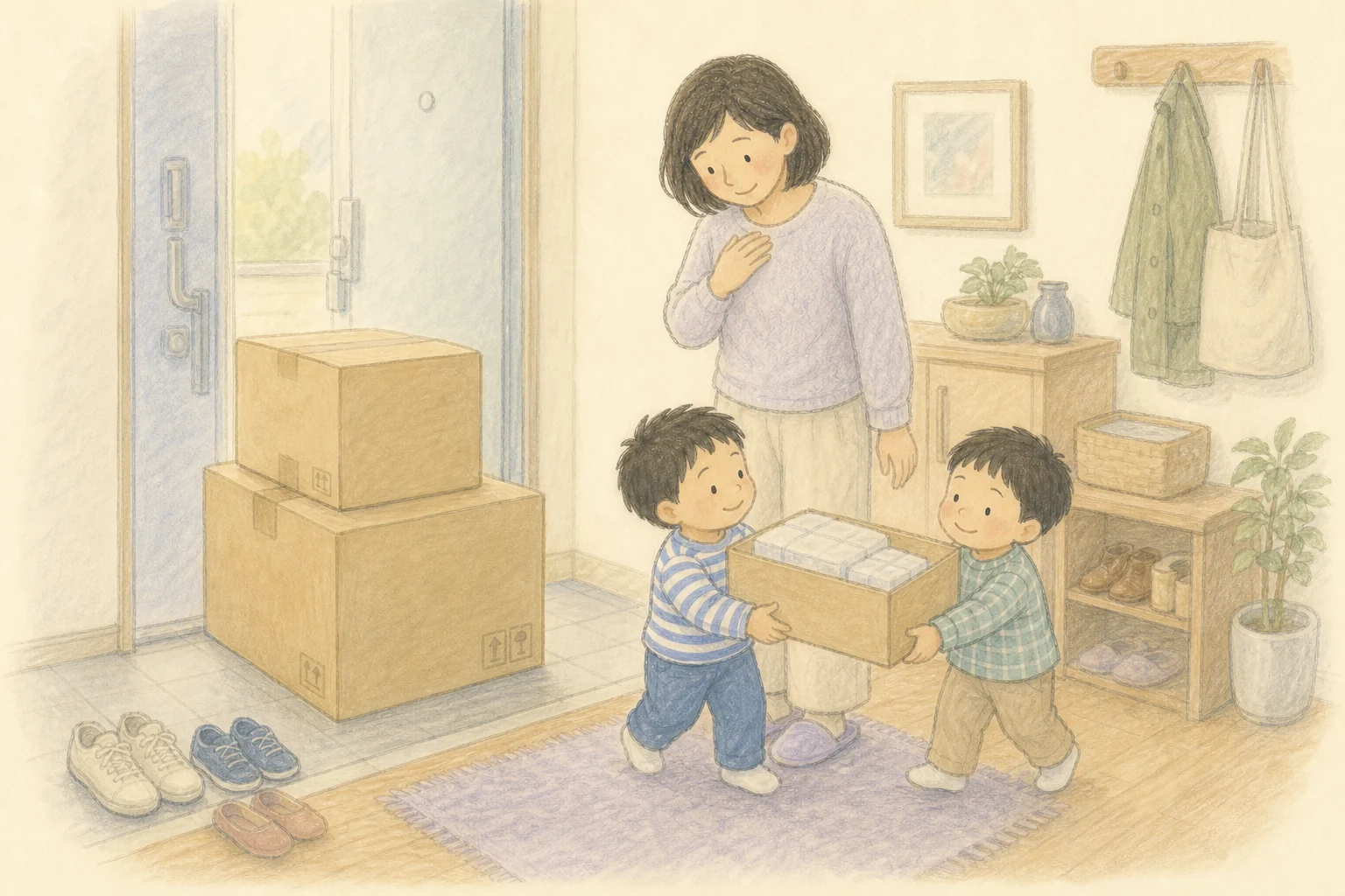 玄関まで届いた大きな日用品を、親子で家の中へ運ぶ様子