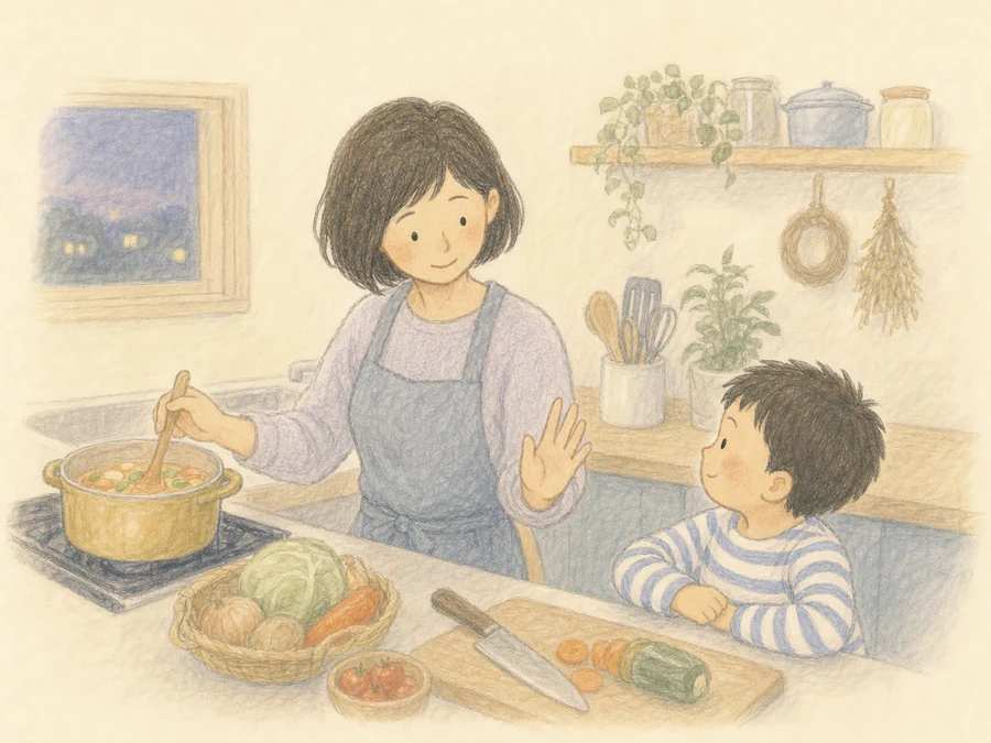 夕飯を作りながら、「あとで一緒に考えよう」と男の子にやさしく伝えるママ