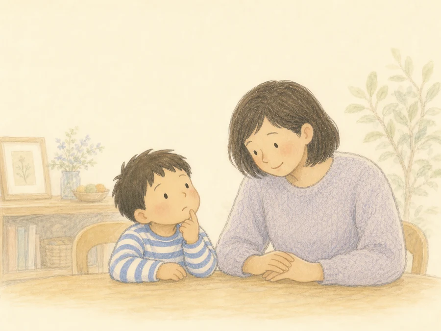 「なんでだと思う?」と聞かれ、理由を考えている男の子と、やさしく見守るママ
