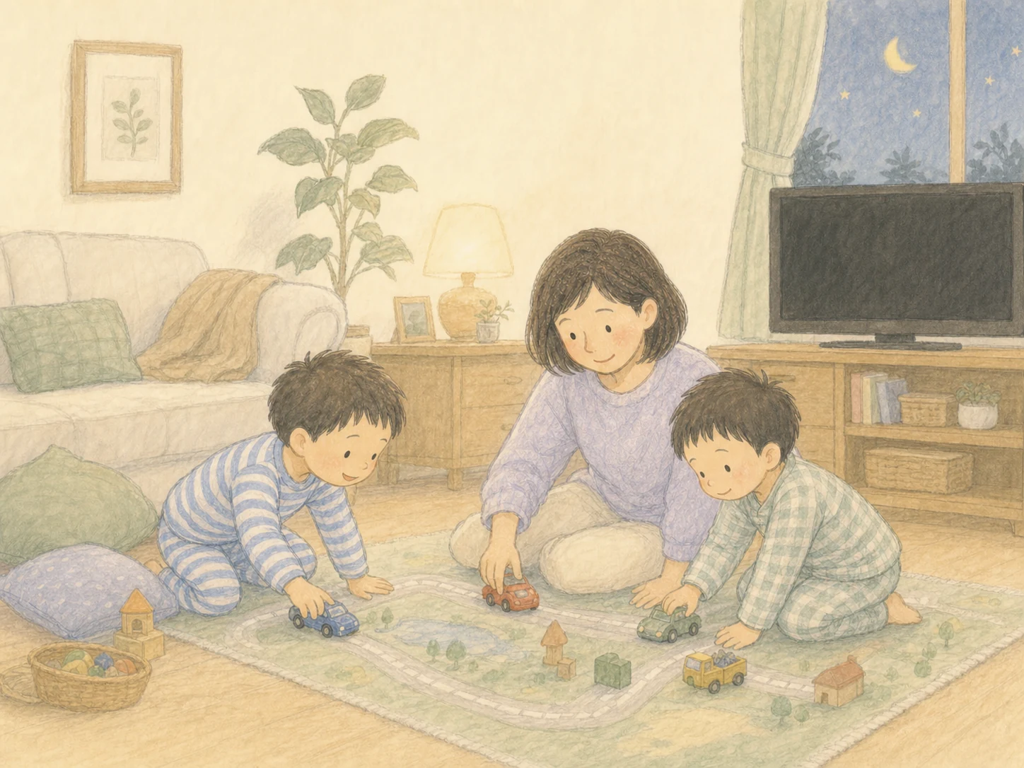 挿絵:夕食後、テレビのついていない部屋でトミカ遊びをする男の子兄弟と見守るママ