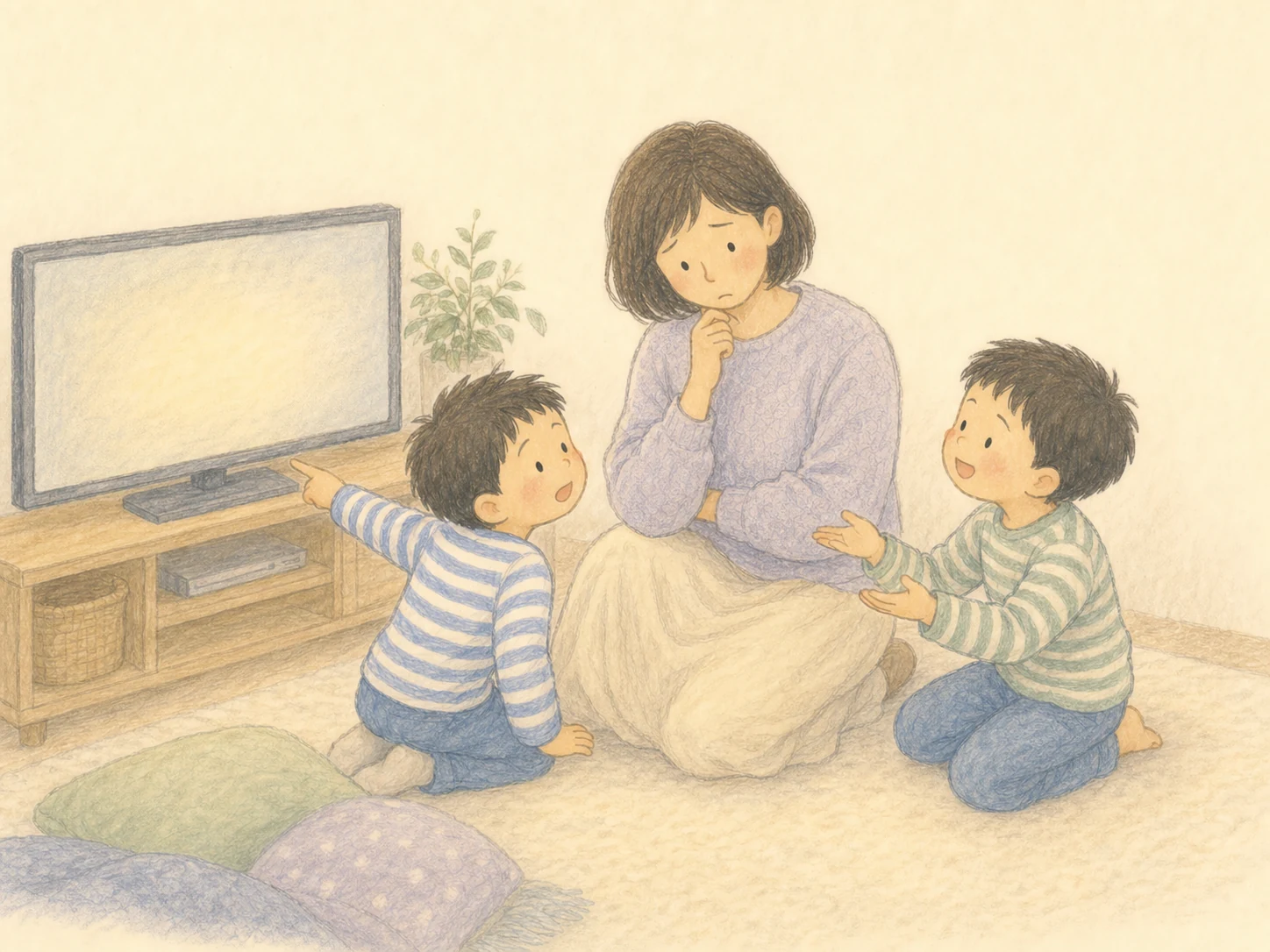 挿絵:テレビを見たがる子どもたちを前に、困った表情で考えるママ