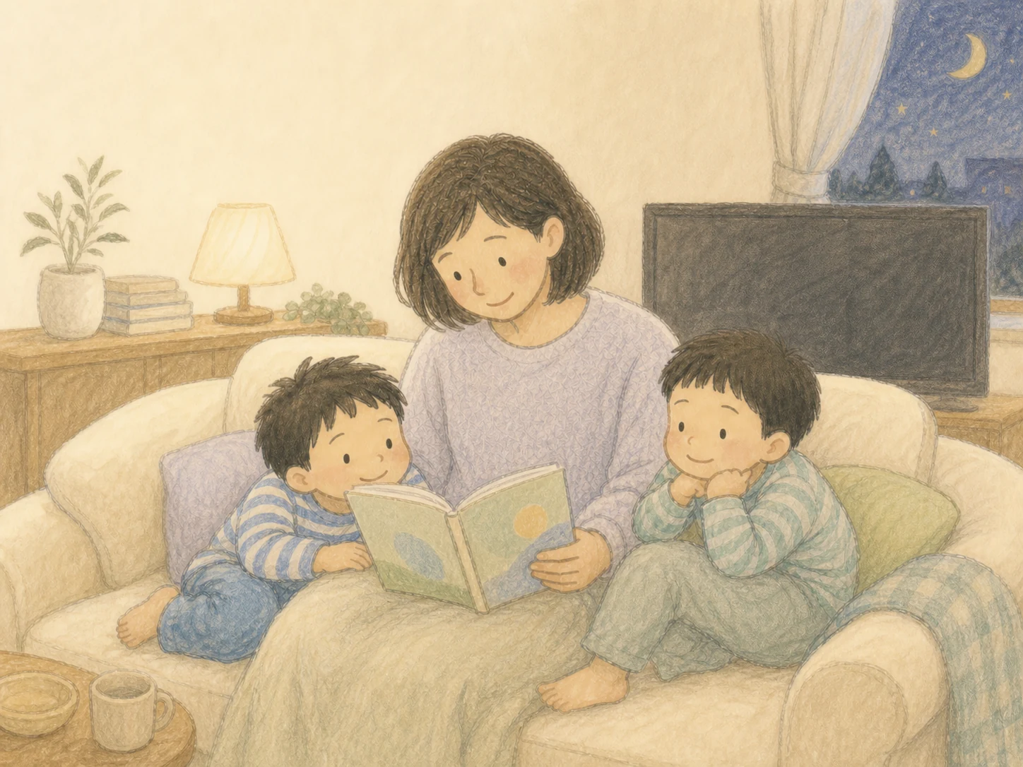 挿絵:一日の終わり、テレビの消えた静かな部屋で絵本を読むママと男の子兄弟