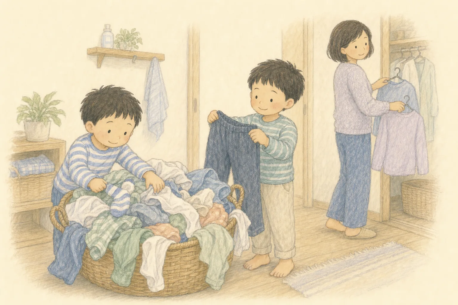きれいな洗濯物用のかごから自分の服を探す男の子兄弟と、ハンガーのまま大人の服をしまうママ