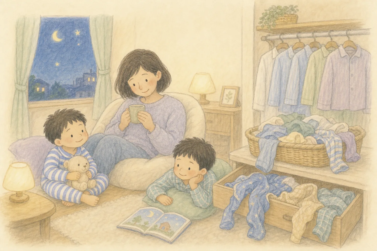 たたんでいない洗濯物が残っていても、親子でゆっくり一日を終える様子