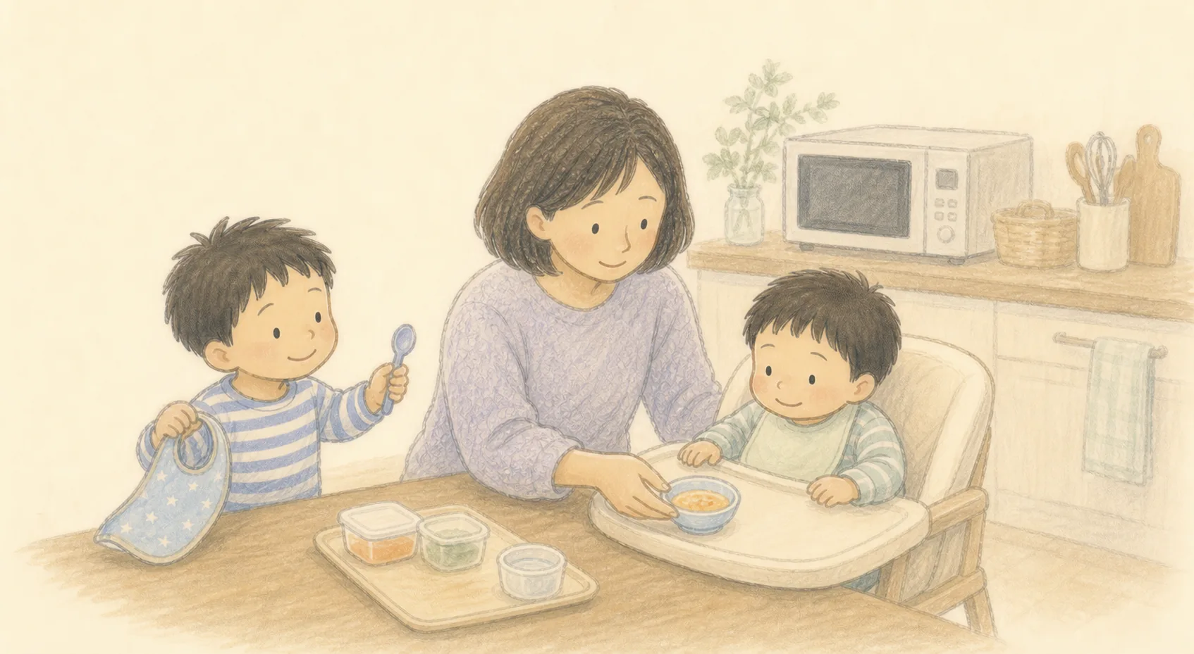 挿絵:温めた離乳食を下の子に用意し、上の子がスプーンとスタイを運ぶ様子