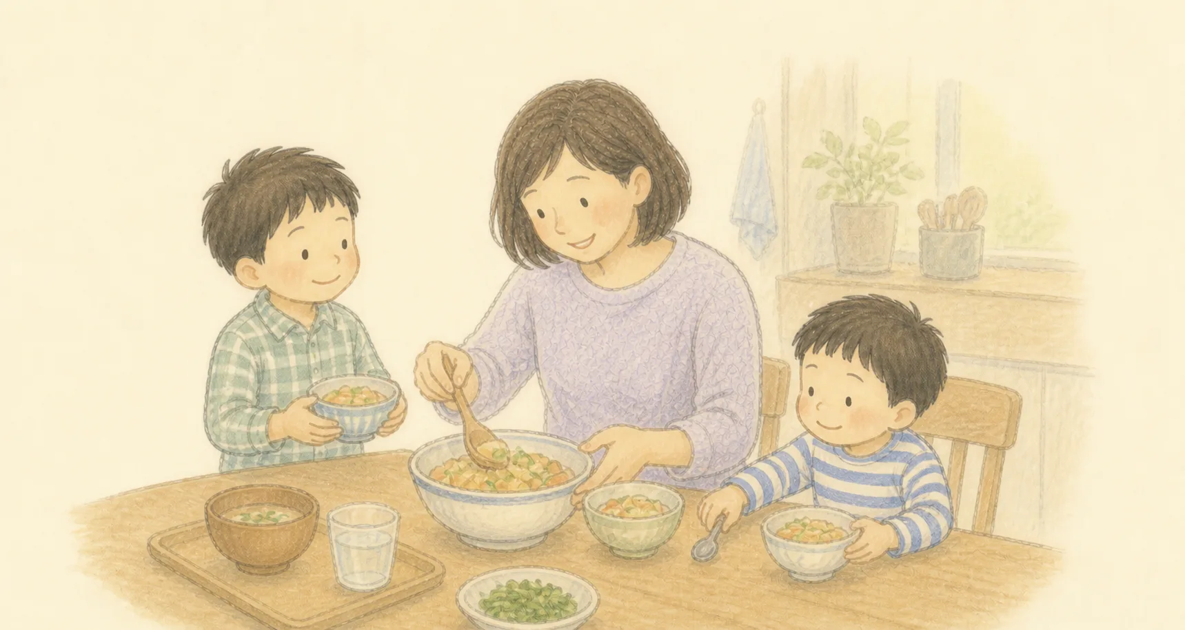 挿絵:同じ料理を家族それぞれの器に取り分けるママと男の子兄弟