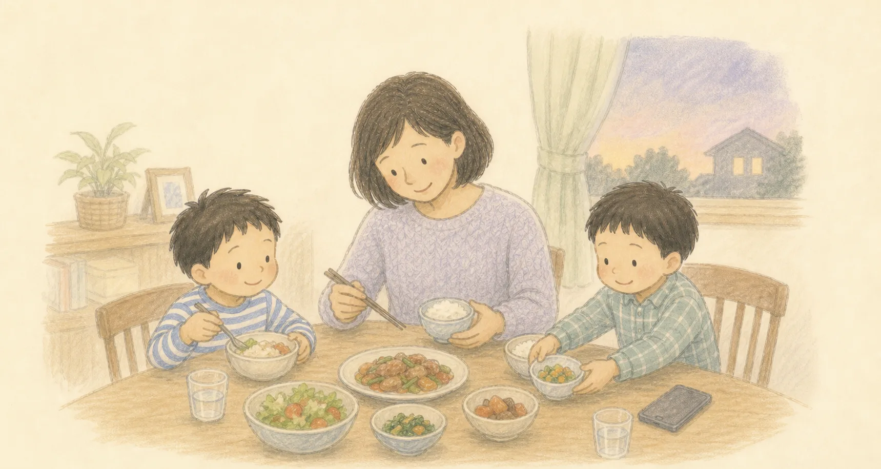 挿絵:同じ食事を囲み、穏やかな夕食の時間を過ごすママと男の子兄弟