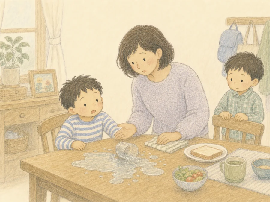 水をこぼした子どものそばで、最初の一言を選ぼうとするママ