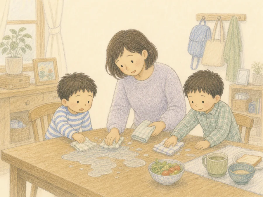 こぼれた水を、男の子兄弟と一緒にタオルで拭くママ