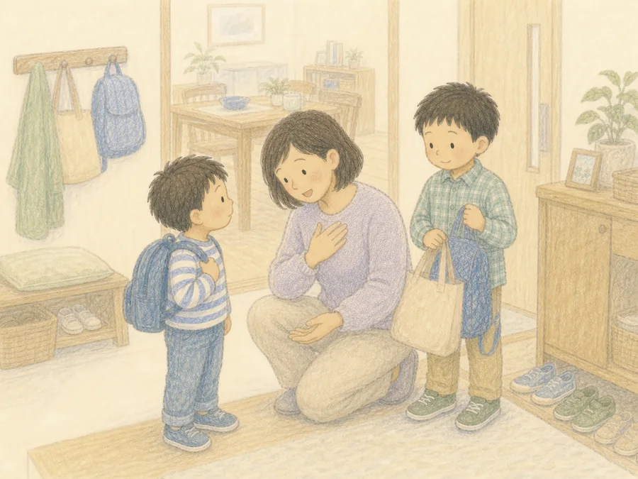 強く言ってしまったあと、目線を合わせて子どもに謝るママと見守る兄弟