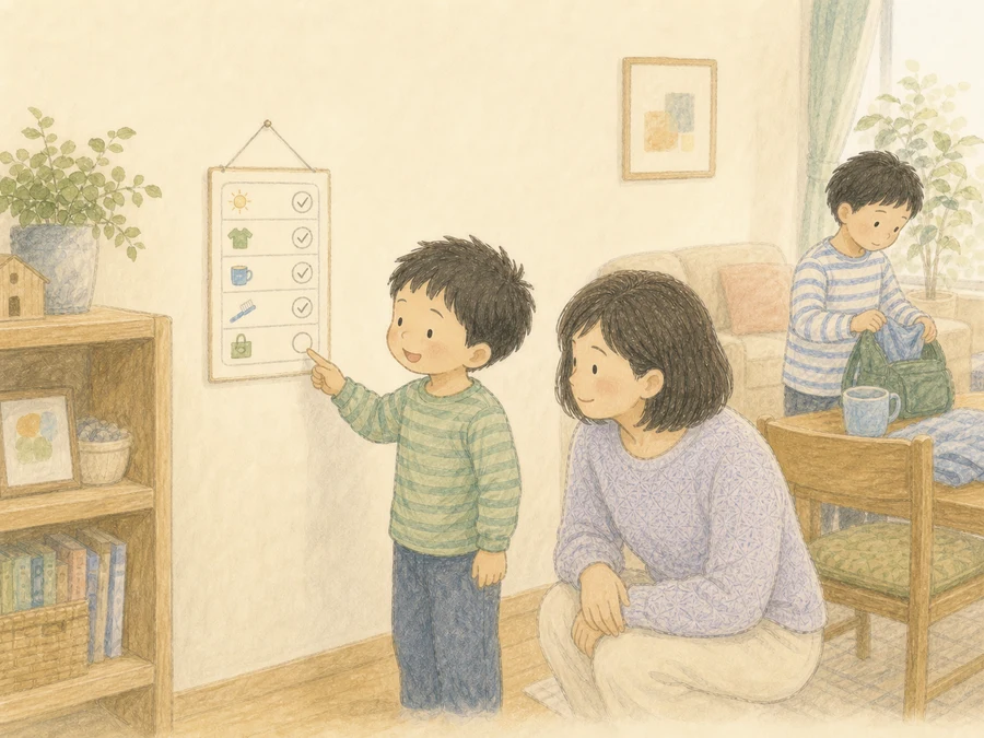 Todoリストの最後の空欄に気づき、うれしそうに指さす子どもと見守るママ