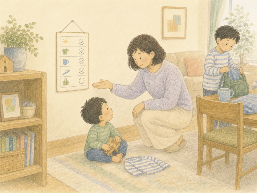 遊びに夢中な子どもへ、ママがTodoリストをやさしく示している朝の場面