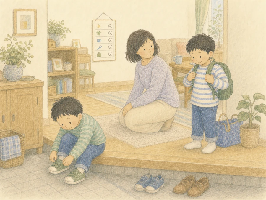朝の準備を終え、自分で靴やバッグを整えて出かけようとする兄弟と見守るママ