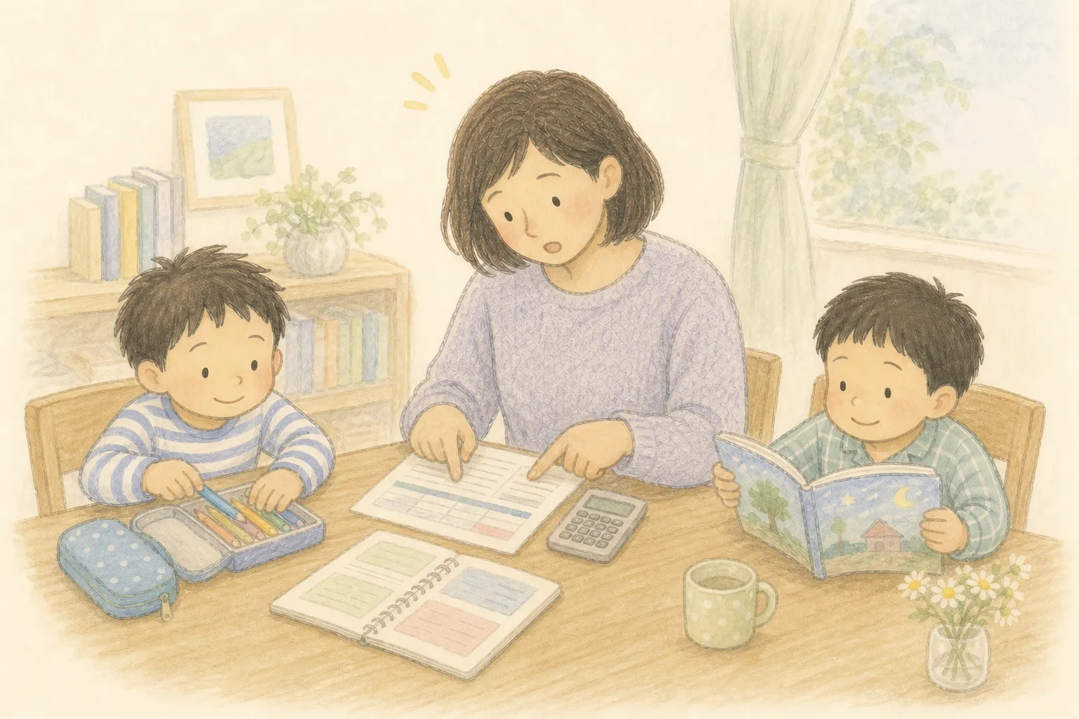 挿絵:給与明細の内訳を分けて確認するママと、そばで静かに過ごす男の子兄弟