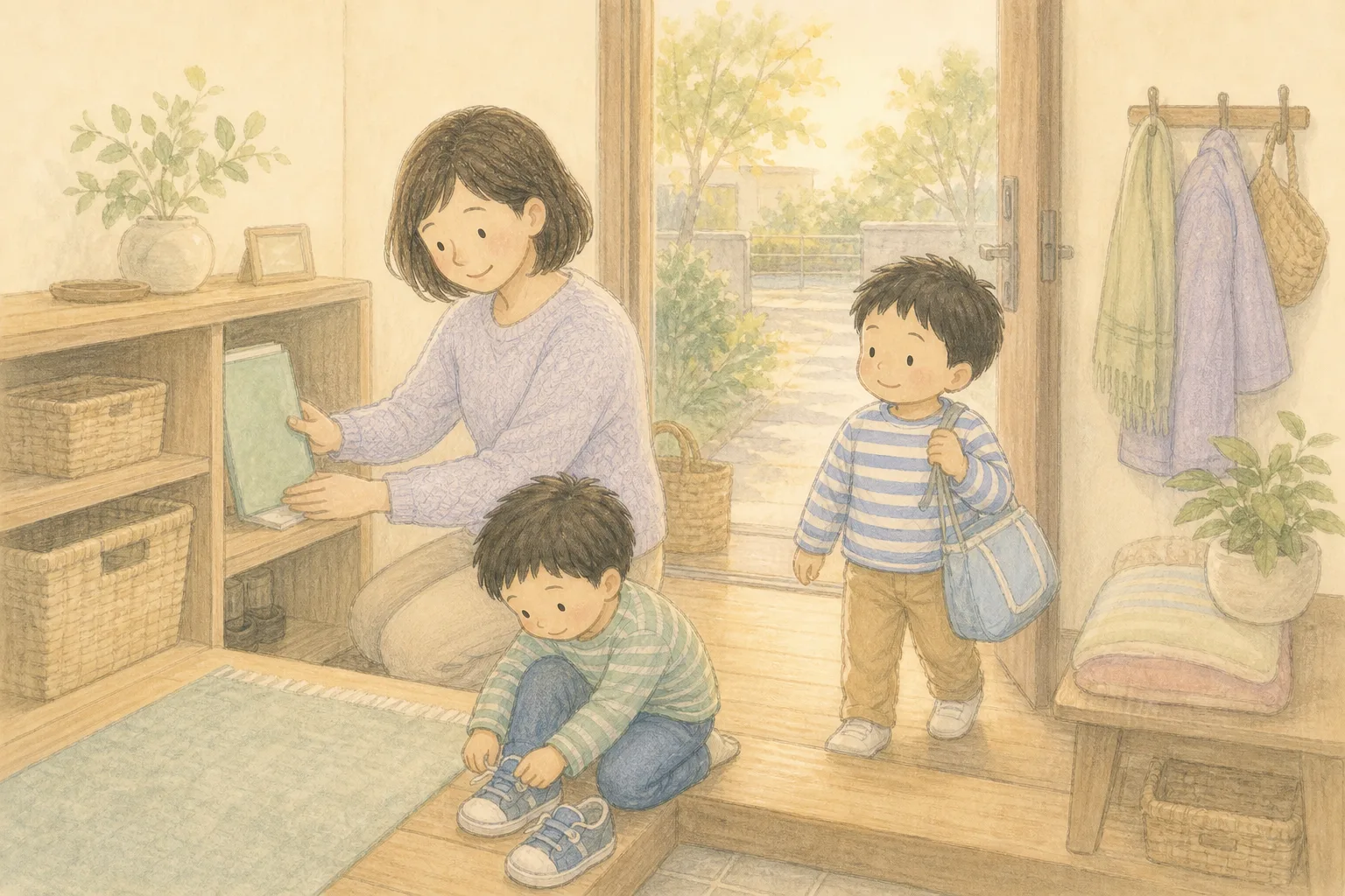 挿絵:金額への不安を整理し、保育園から帰宅した子どもたちと穏やかに一日を終えるママ