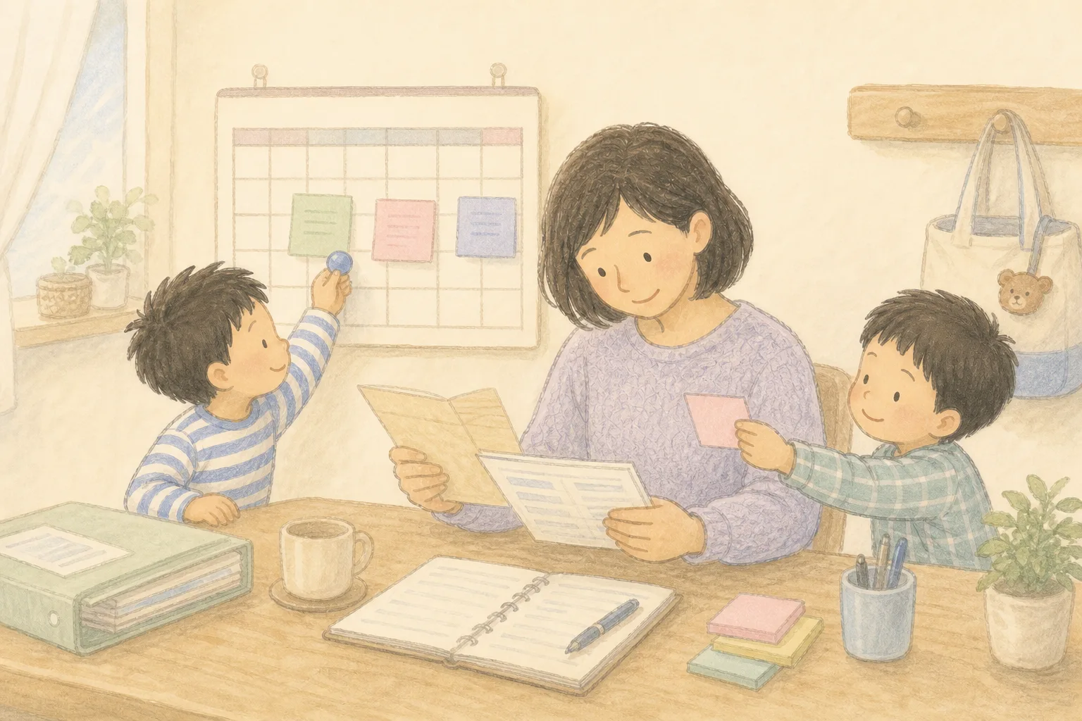 挿絵:カレンダーと書類を使い、社会保険料や住民税、給付金の時期を親子で整理する様子