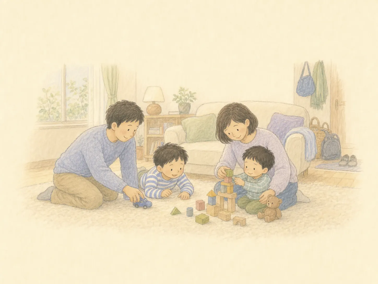 早めに帰宅し、家族みんなで床に座っておもちゃで遊ぶ休日の午後