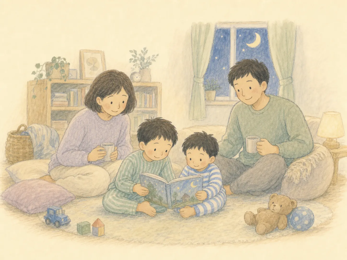 予定のない日曜日を終え、静かなリビングでくつろぐ家族
