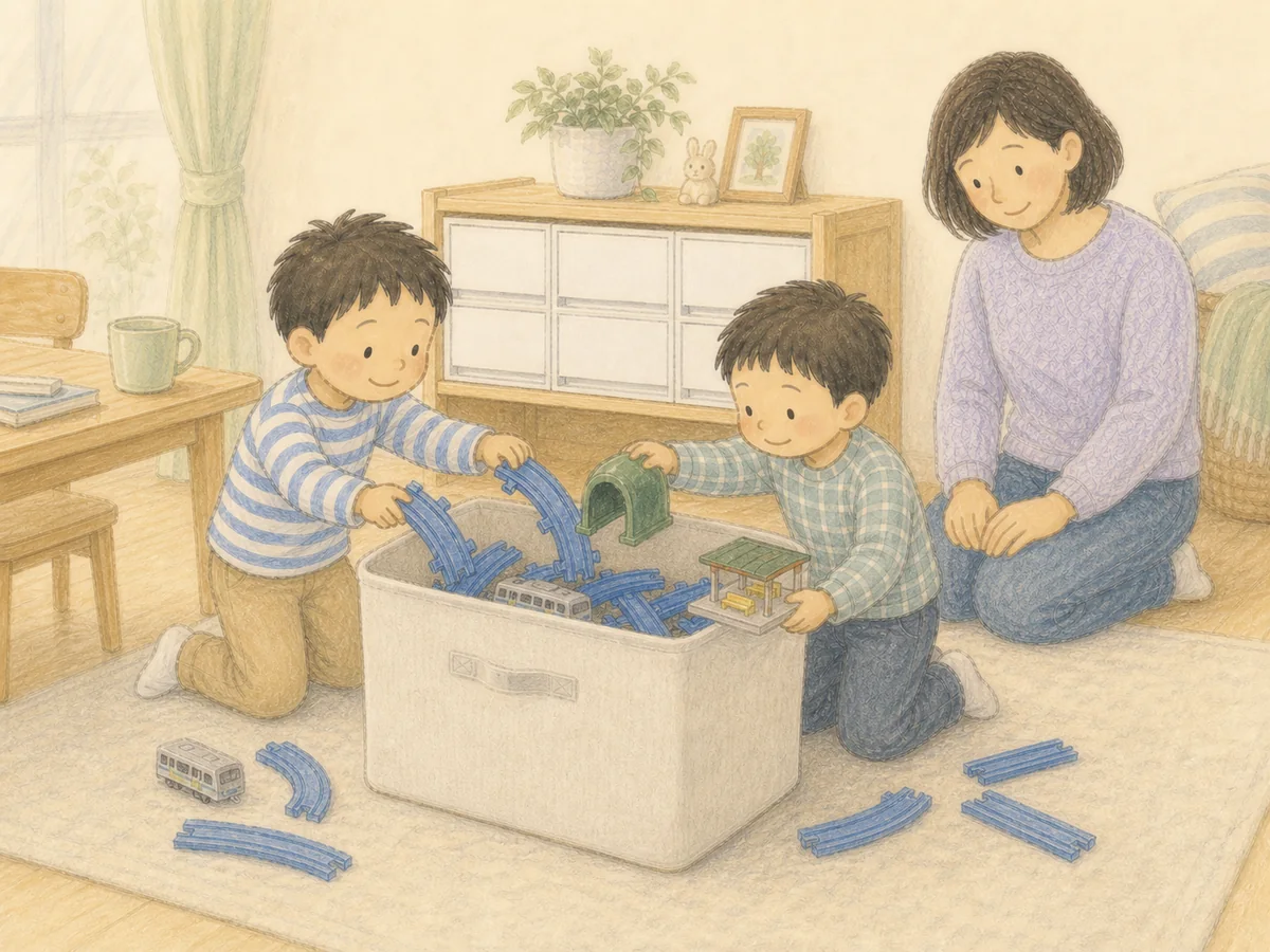 レールやパーツを麻調のソフトボックスへ一緒に入れる男の子兄弟