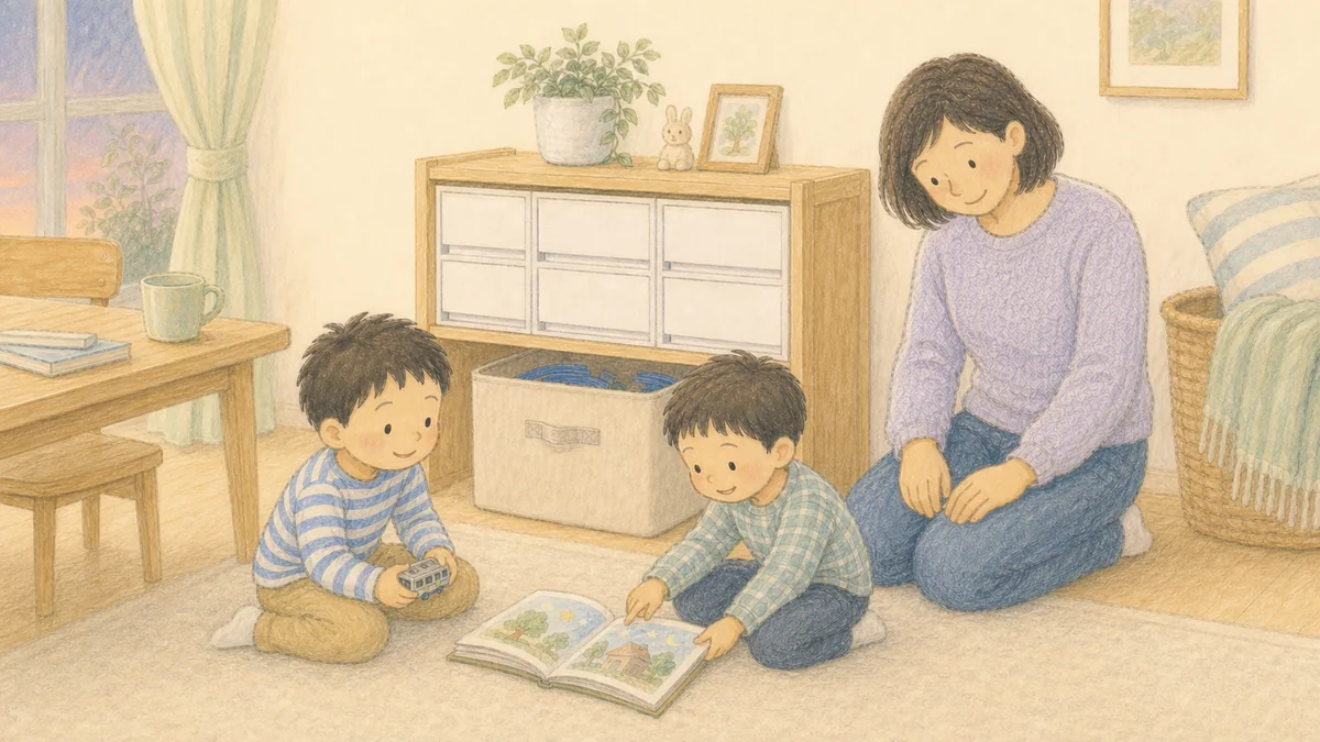 レールを片づけた床で次の遊びを始める男の子兄弟と、ほっとするママ
