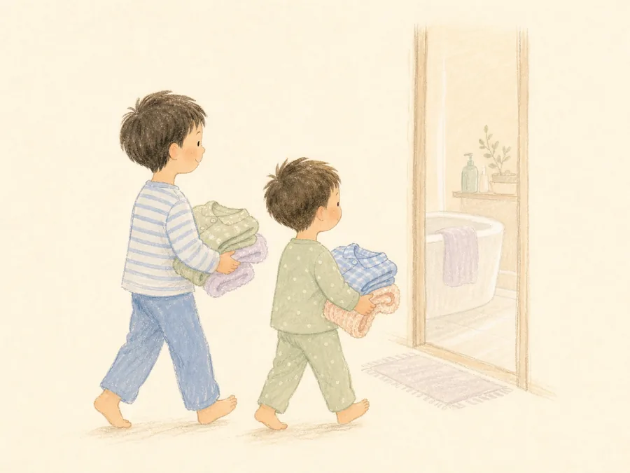 挿絵:パジャマとタオルを持ってお風呂へ向かう男の子兄弟