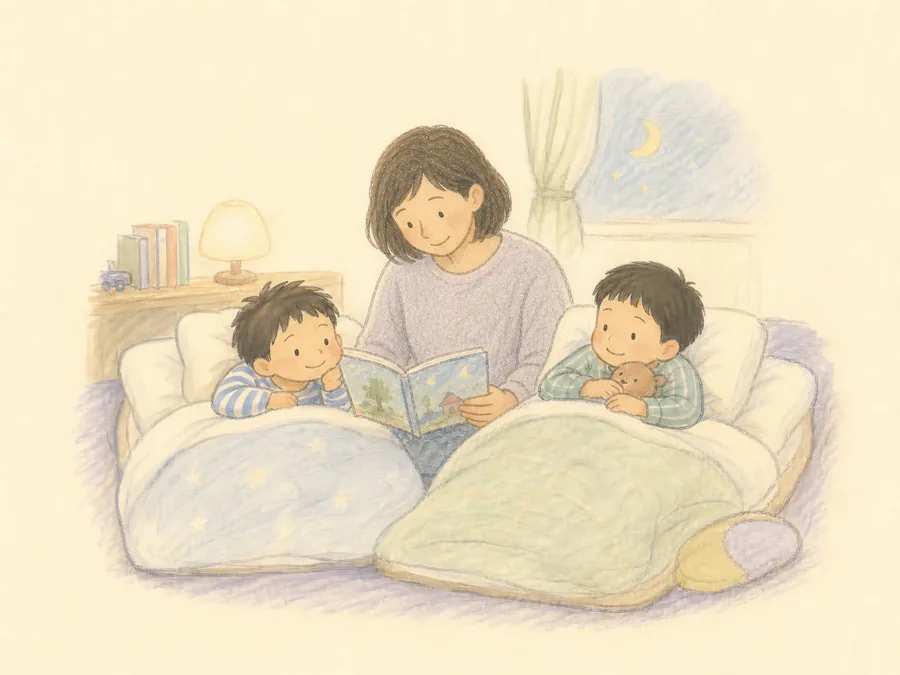挿絵:寝る前にママと男の子兄弟で絵本を読む様子