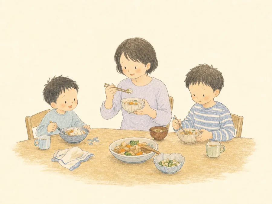 挿絵:男の子兄弟と一緒に夕飯を食べる様子