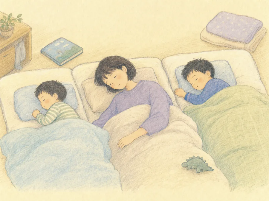挿絵:一日の終わりにママと男の子兄弟で並んで眠る様子